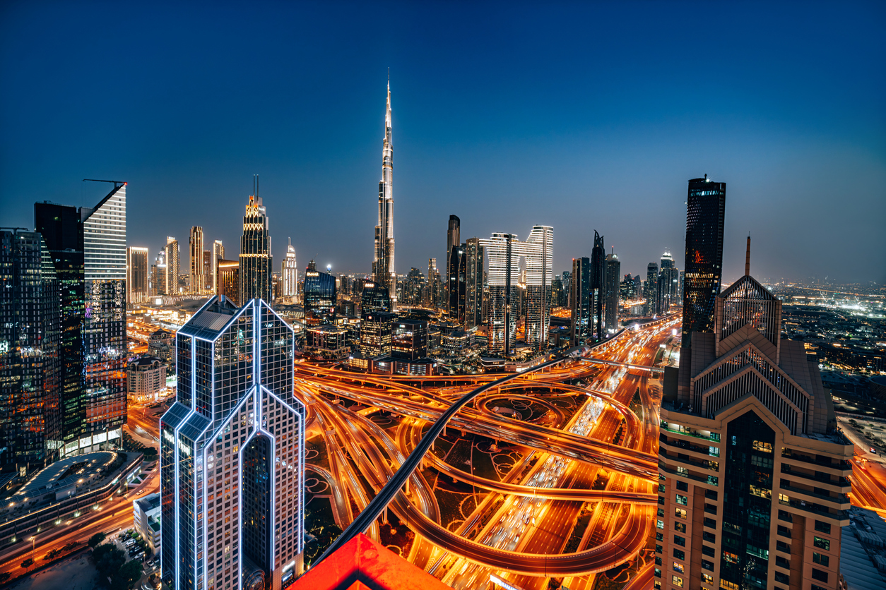 Aerial View of Dubai City Skyline at Twilight Featuring Sheikh Zayed Road