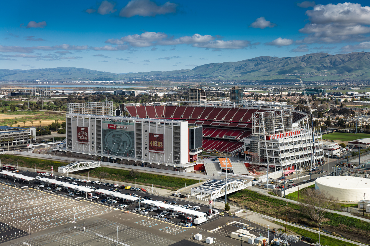 Dramatic Aerial Shot of Levi's Stadium during the Super Bowl.