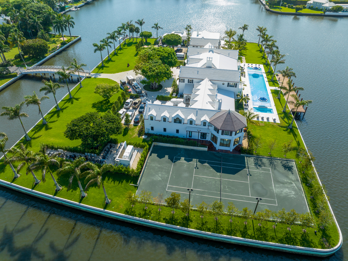 Aerial drone photo of Palm Beach. 10 Tarpon Way on Tarpon Island Palm Beach FL listed for sale for 218 million dollars